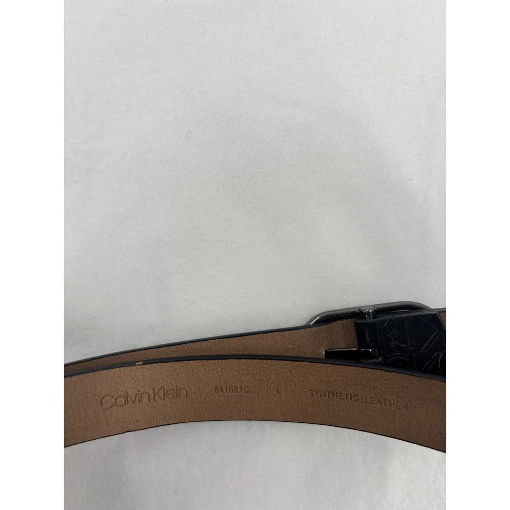 Calvin Klein Logo Belt‎ Women Size L Black Embossed Monogram Gunmetal Buckle